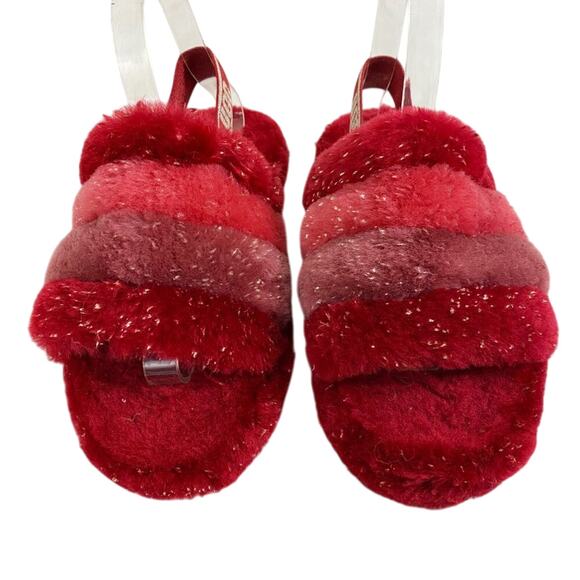 Ugg Red Fluff Yeah Slipper Slide Sandals Metallic Gold Accent Women's Size 6 EUC - Picture 3 of 10